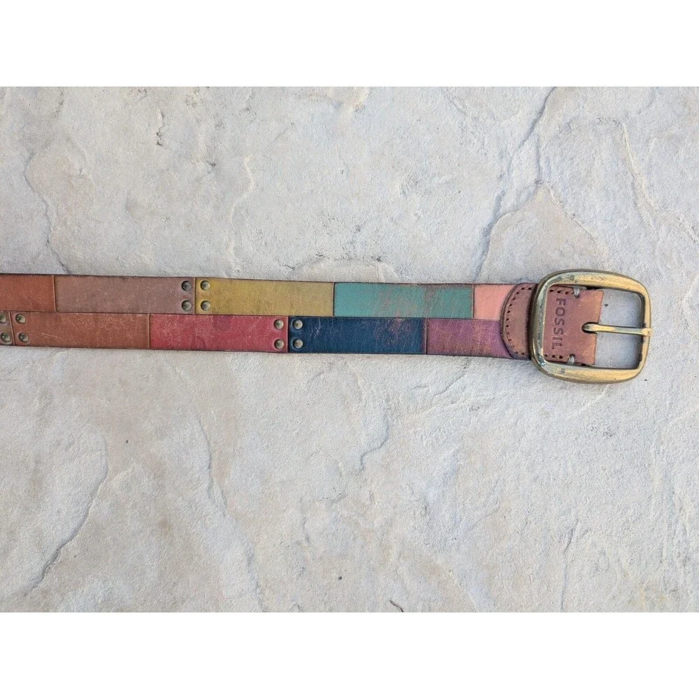 Fossil Belt Leather Patchwork Brass Rivets and Buckle Small 37 inches